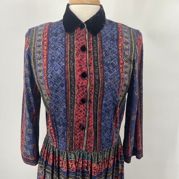 Vintage 70s Shirt Dress Midi Geometric Print Velvet Collar Fit & Flare Womens 10 - Picture 3 of 8